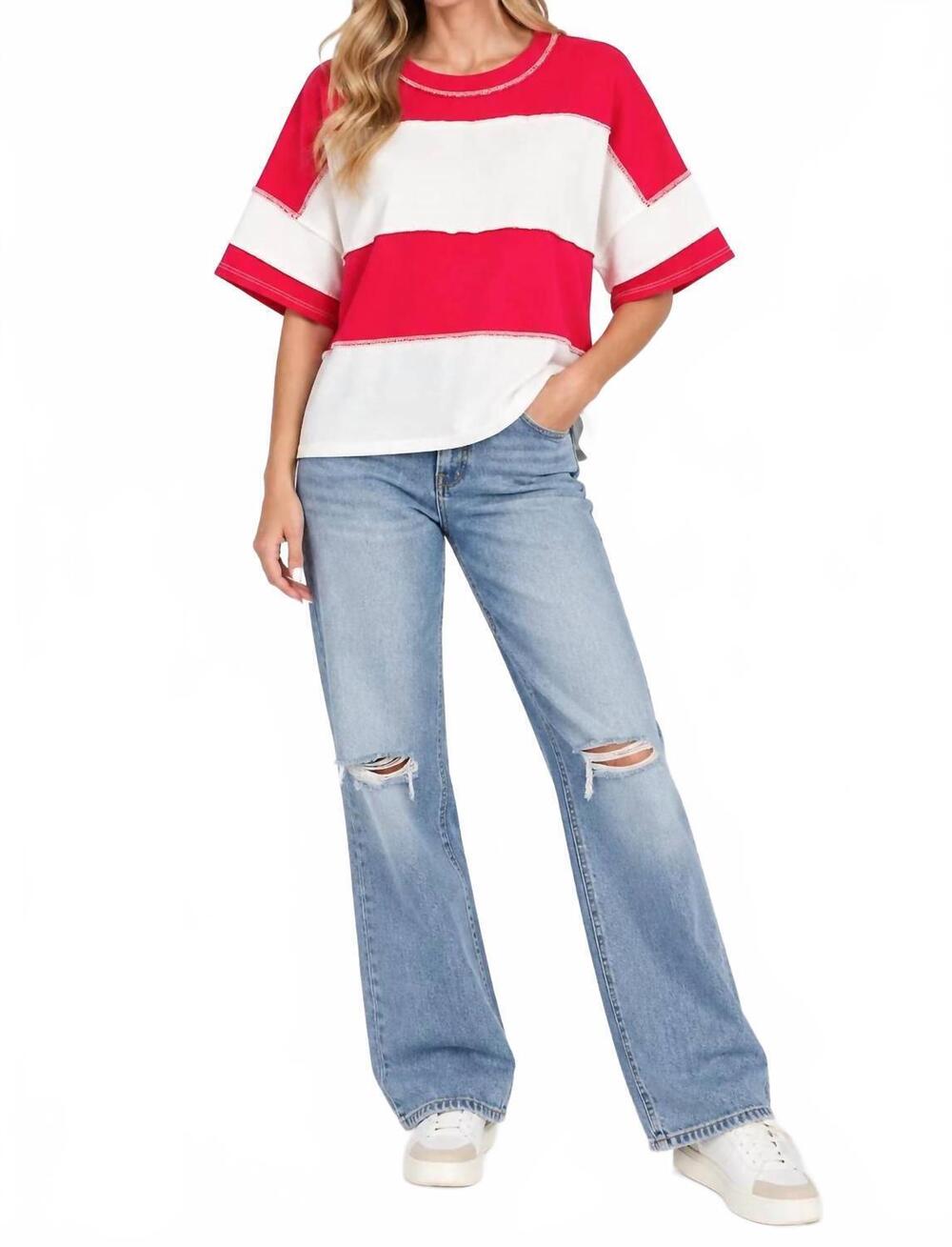 NEW ZENANA french terry color block exposed seam top in red